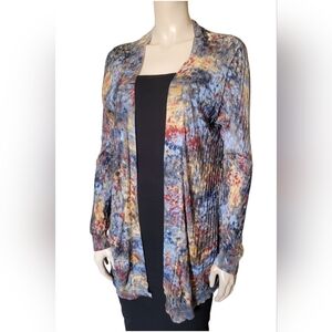 Silk Blend Pointelle Open Front Cardigan Watercolor Print